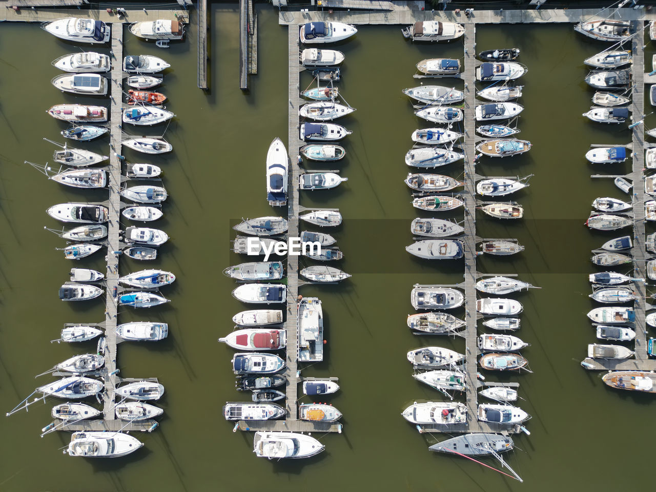 high angle view of boats moored at beach