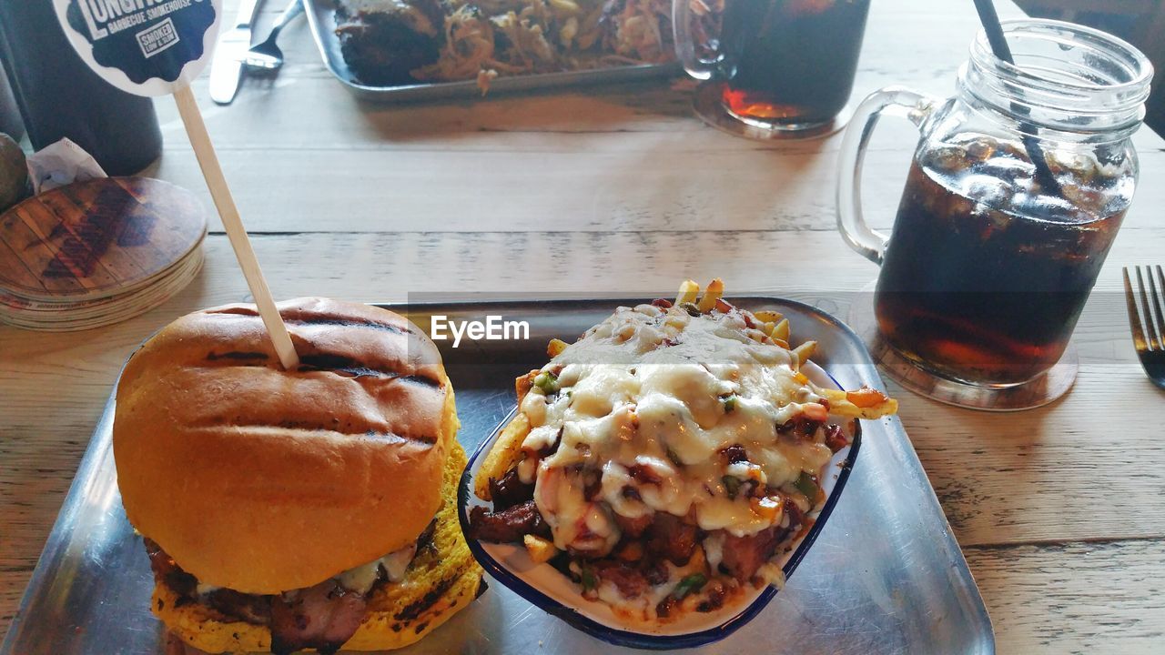 High angle view of food served on table
