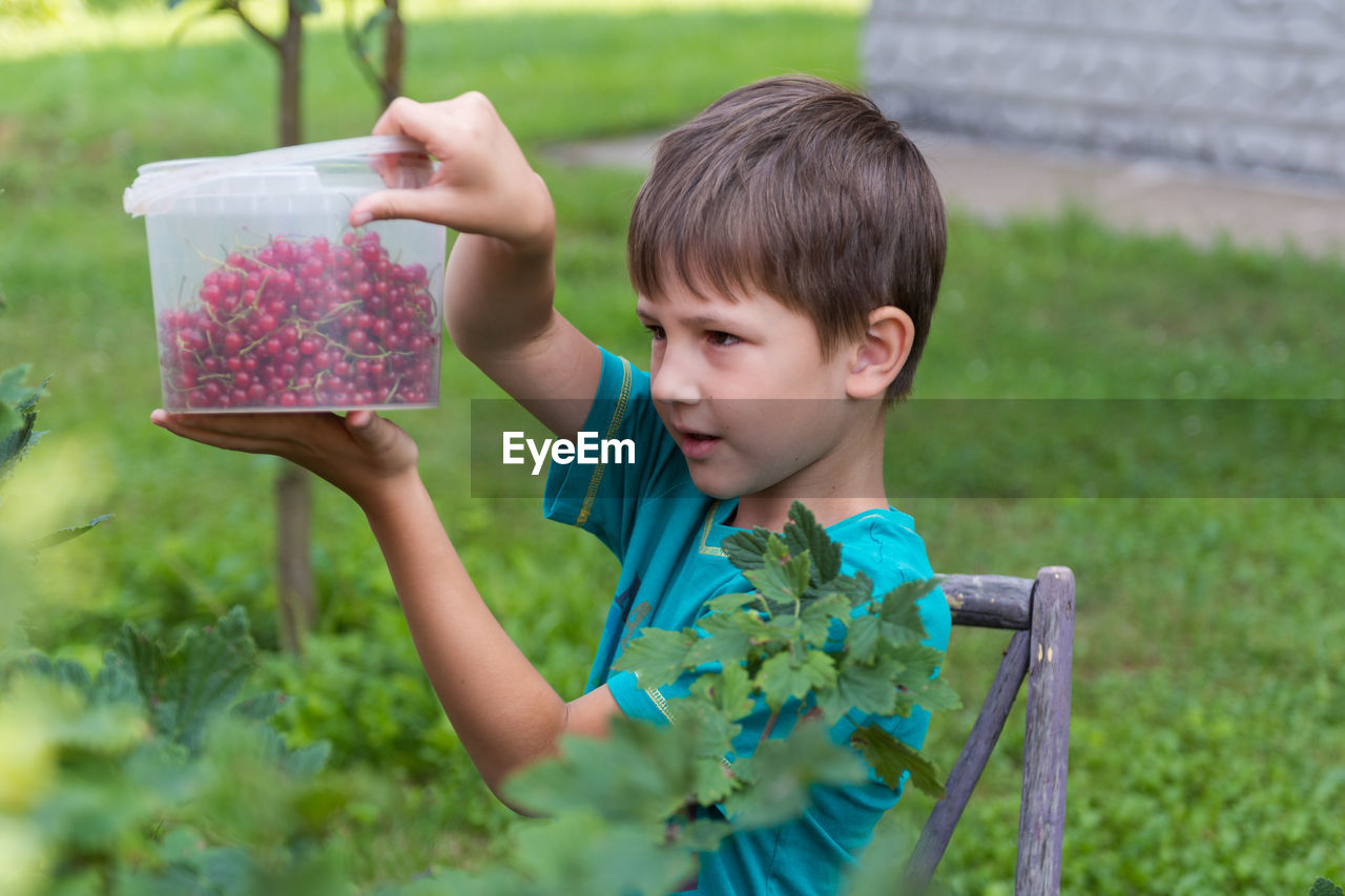 Portrait of boy holding plant