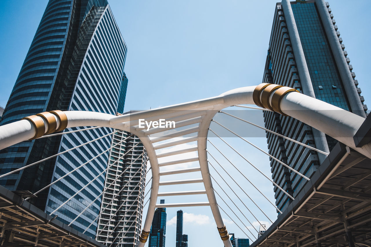 LOW ANGLE VIEW OF MODERN BUILDINGS AGAINST CLEAR SKY