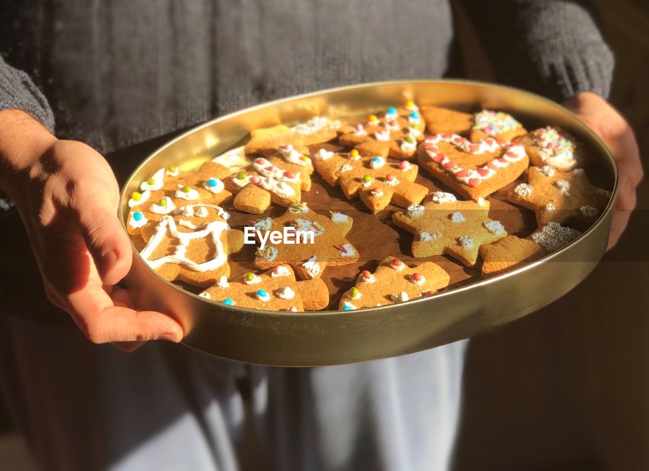 High angle view of person holding display of cookies