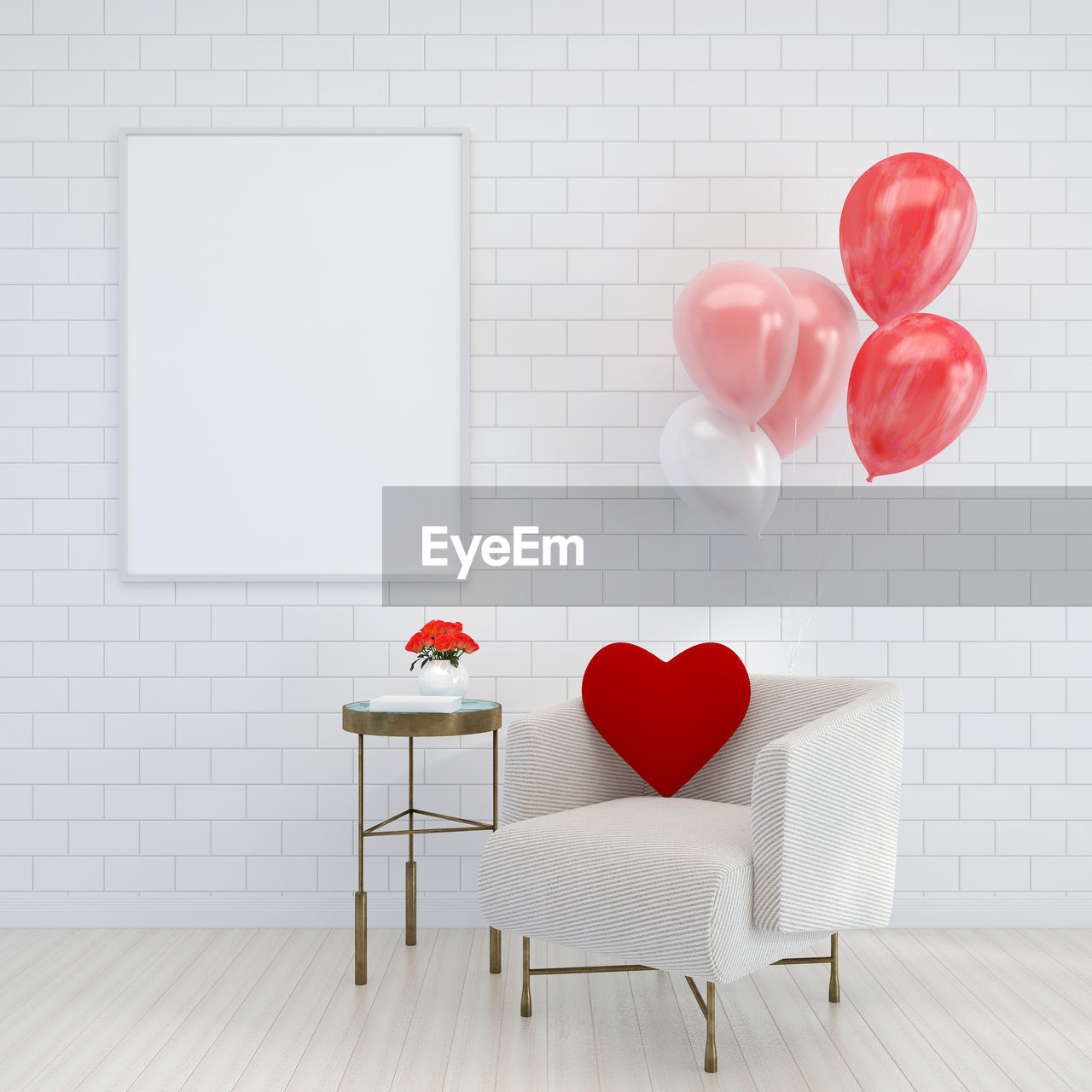 RED BALLOONS ON TABLE AGAINST WALL