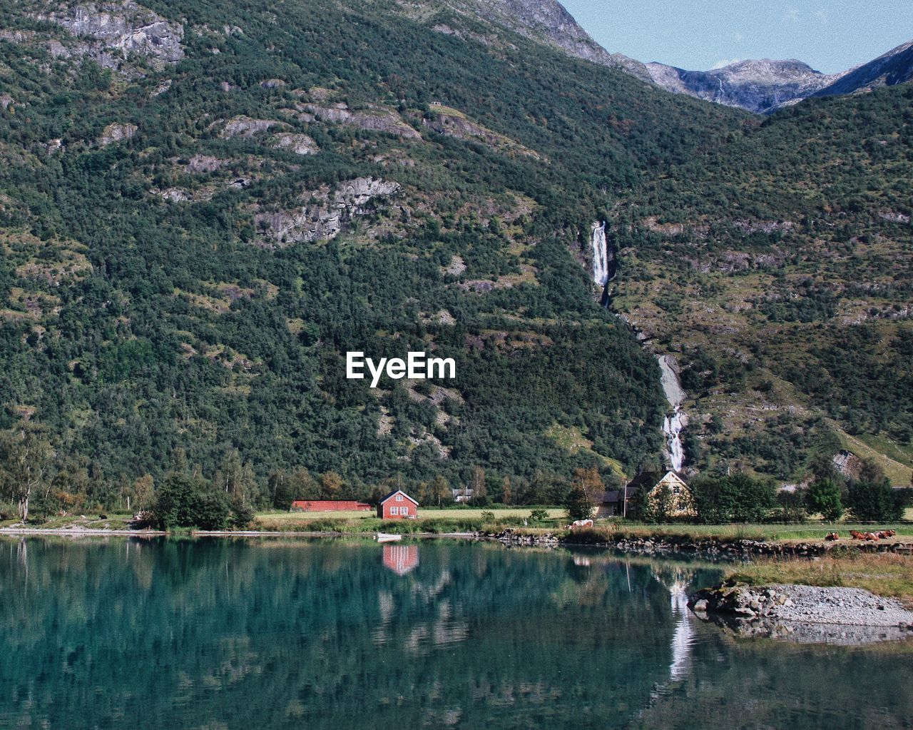 Scenic view of lake and mountains against sky