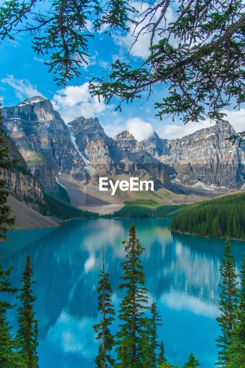 Scenic view of lake and mountains against sky