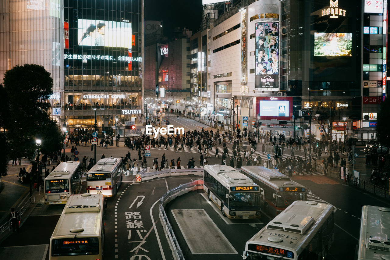 High angle view of city street at night