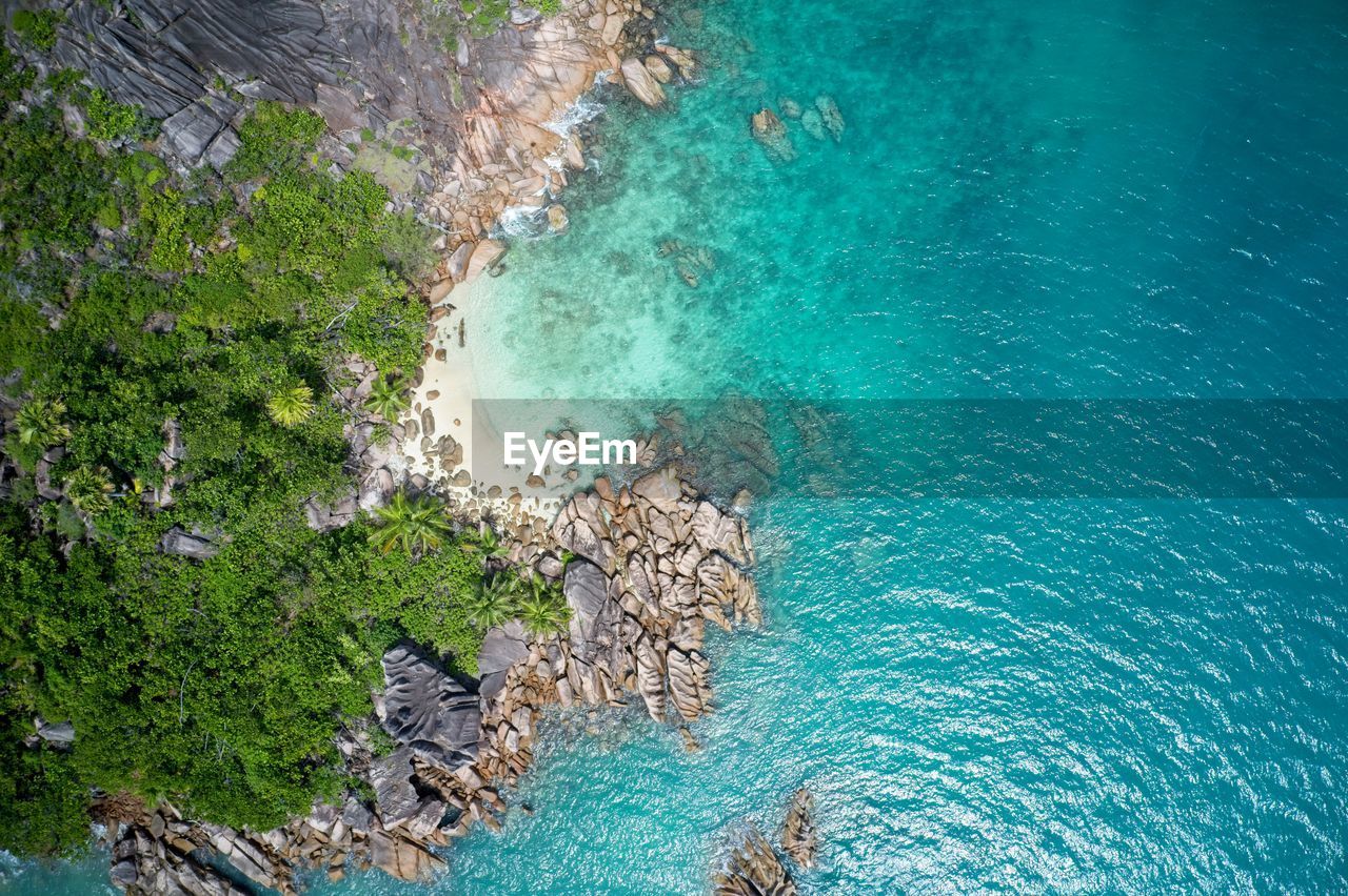 Drone field of view of spectacular blue coastline with waves and forest, seychelles.