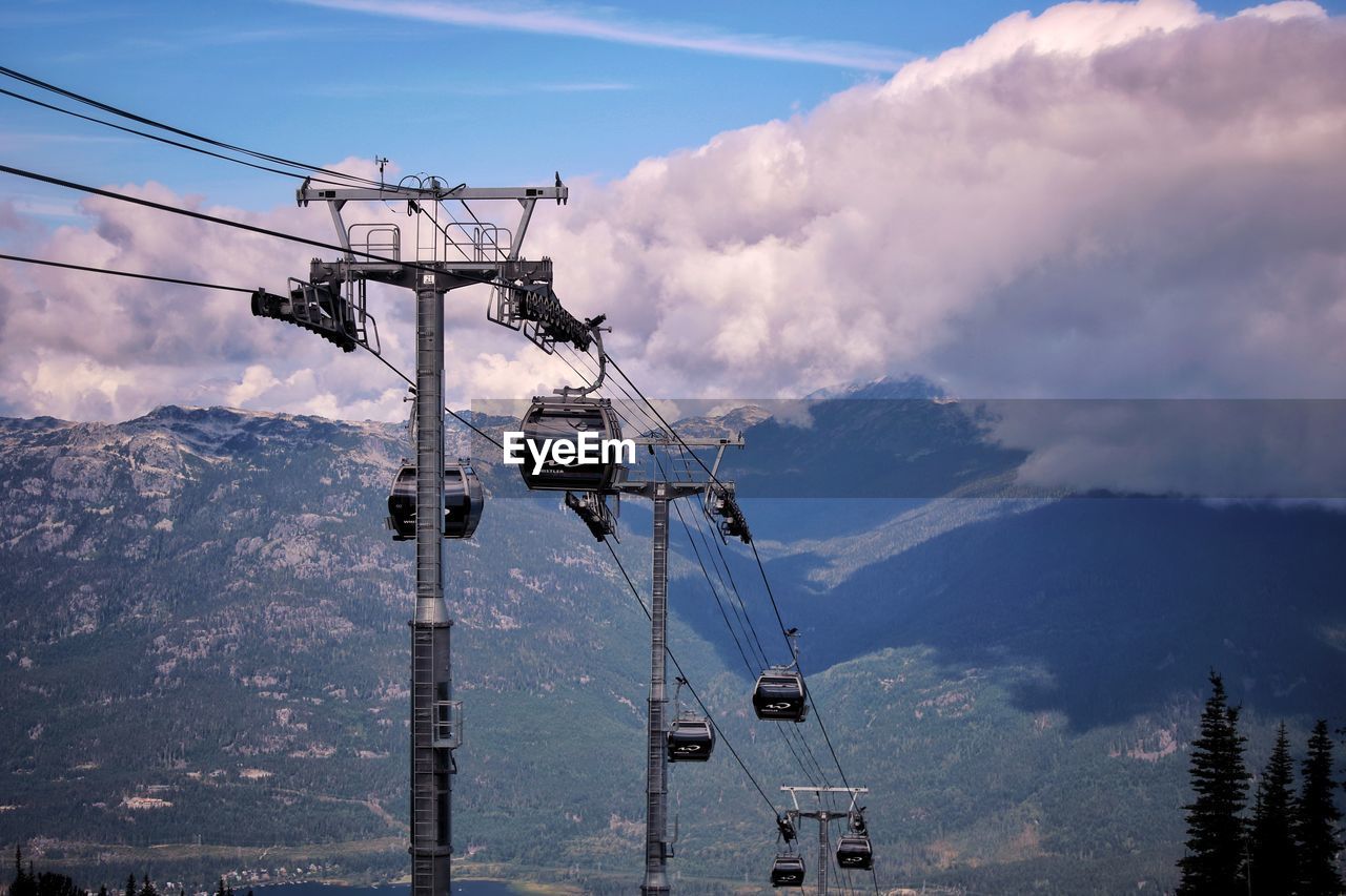 LOW ANGLE VIEW OF SKI LIFT AGAINST CLOUDY SKY