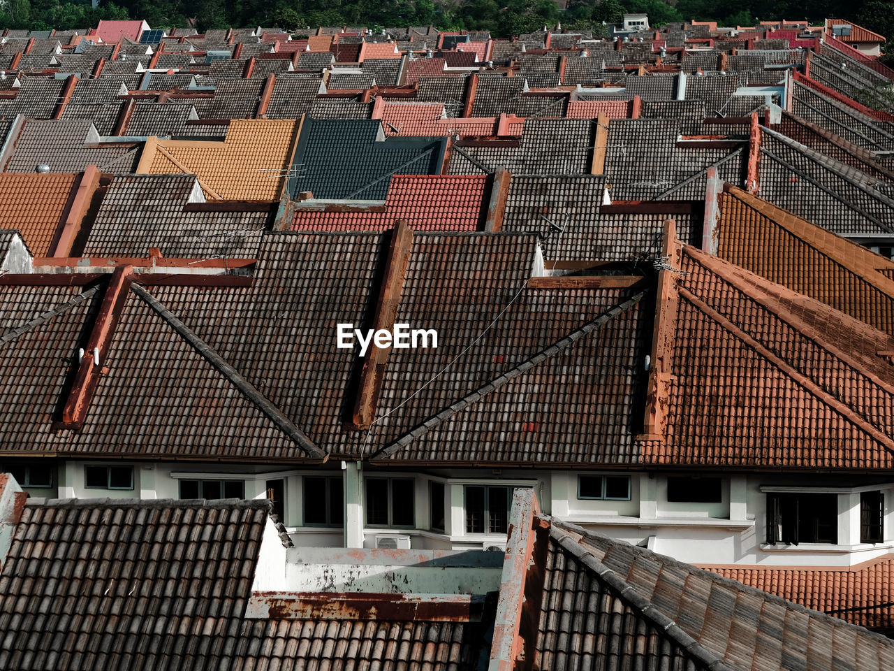 High angle view of residential area roof scapes