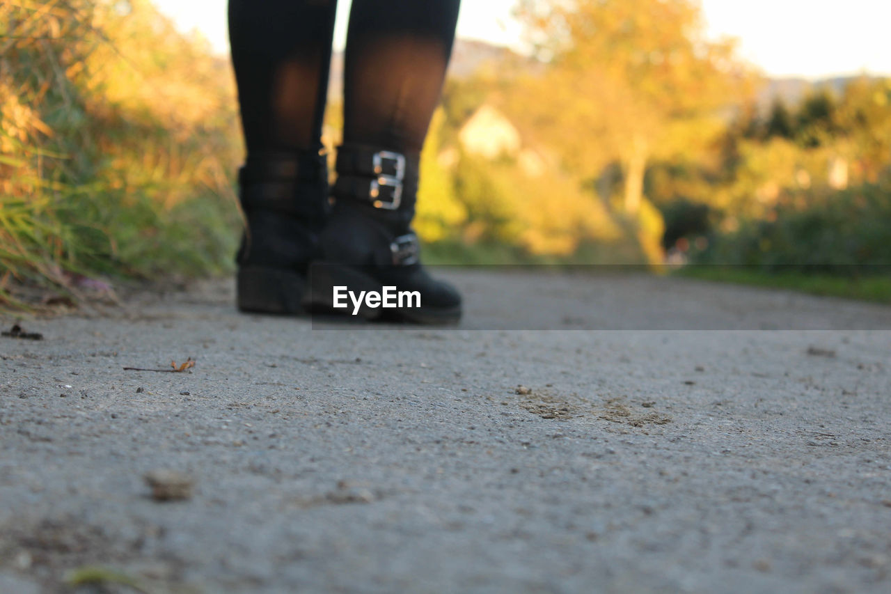 Low section of person standing on road