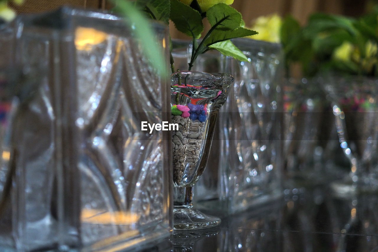 glass, no people, food and drink, drink, plant, vase, selective focus, nature, indoors, drinking glass, household equipment, alcoholic beverage, leaf, close-up, wine glass, refreshment, centrepiece, business, alcohol, decoration