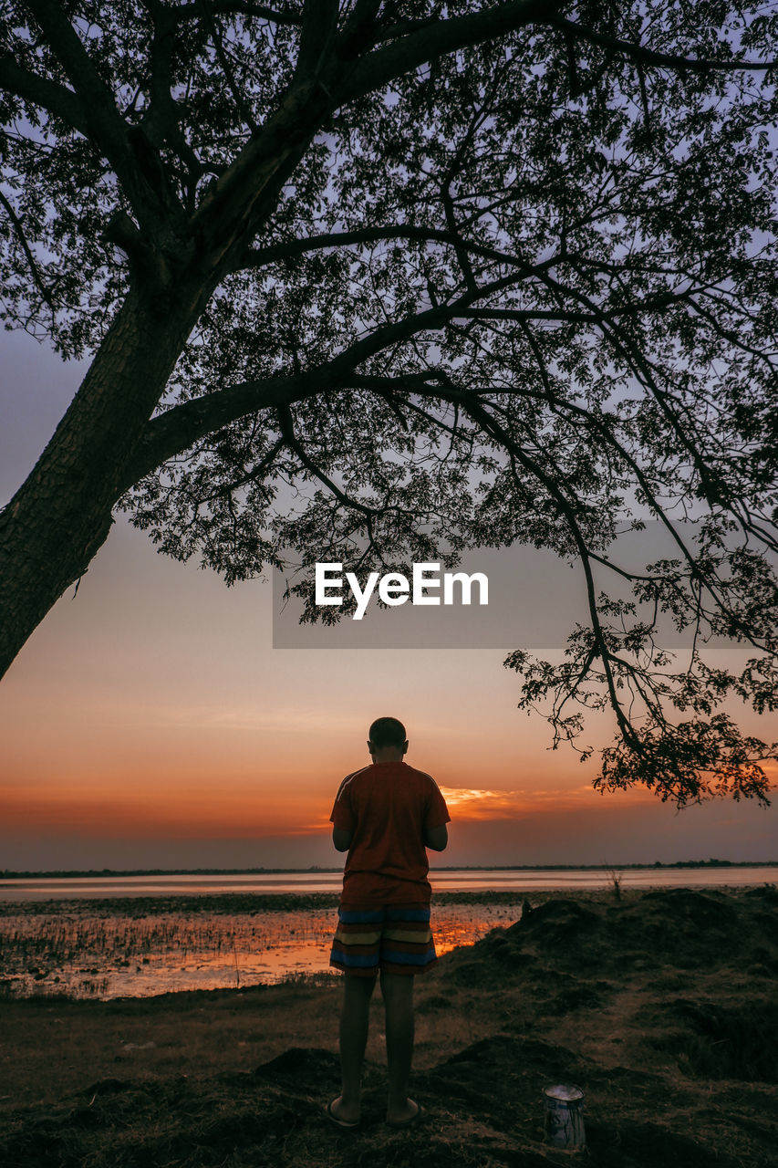 Rear view of man looking at sea during sunset
