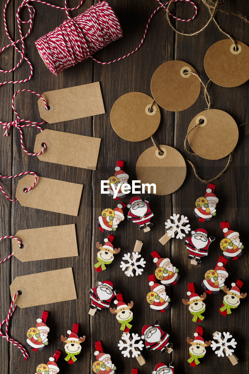 High angle view of christmas decorations on table