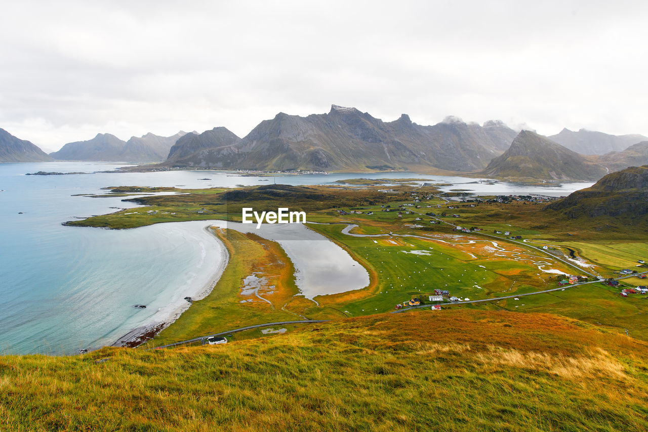 Panoramic view from mountain top over beach and countryside at the coast in lofoten norway