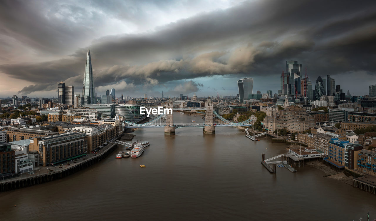 Aerial view of the tower bridge, central london, from the south bank of the thames.