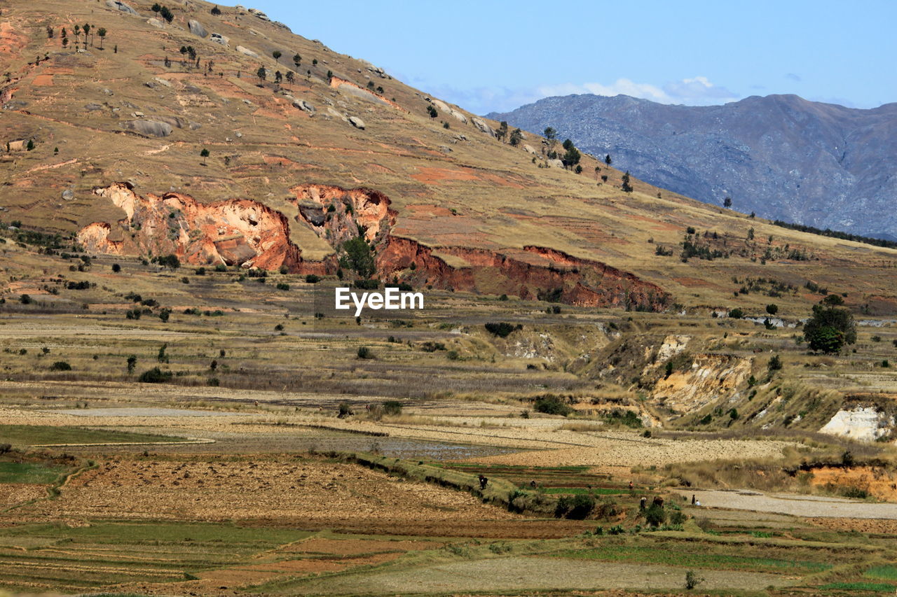 Scenic view of landscape and mountains against sky