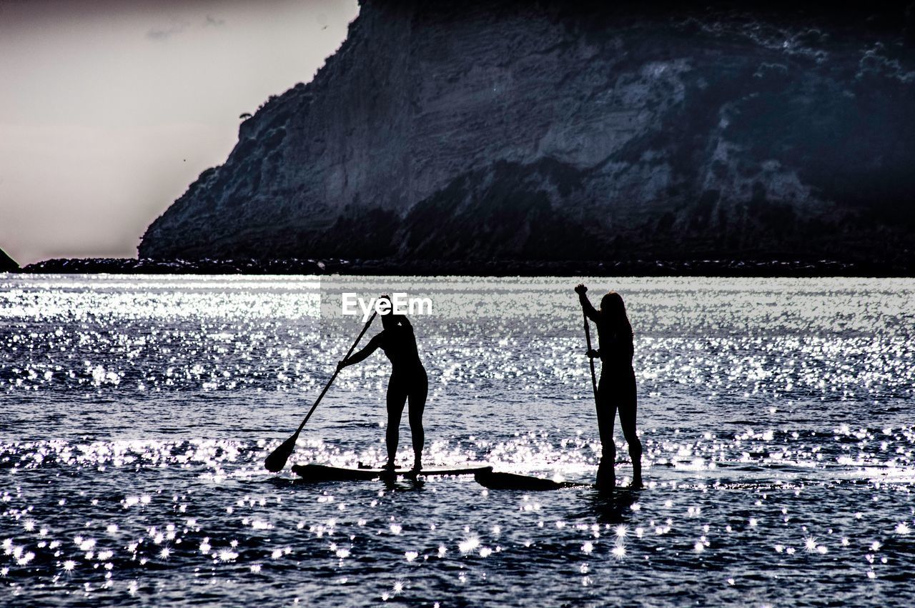 Silhouette people paddleboarding in sea
