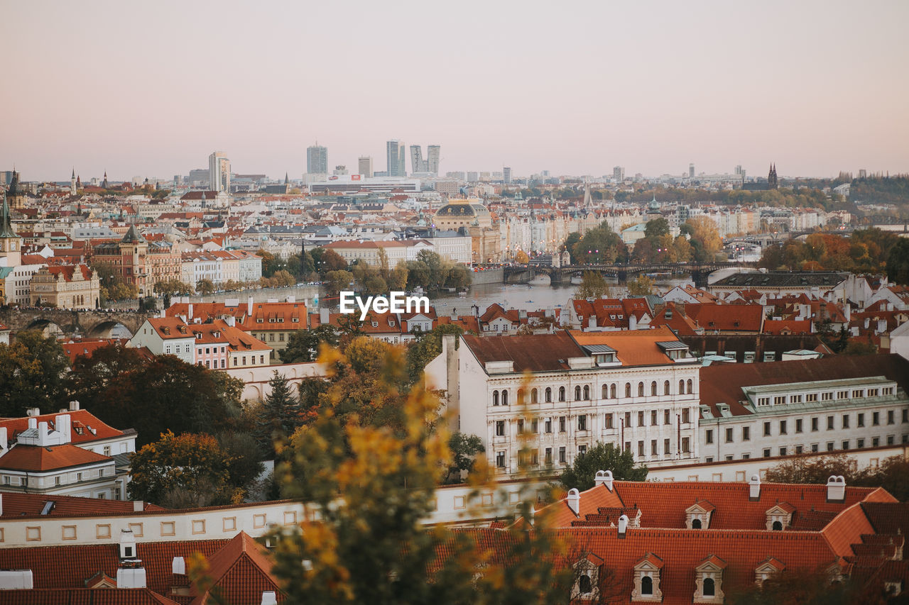 High angle view of cityscape during sunset