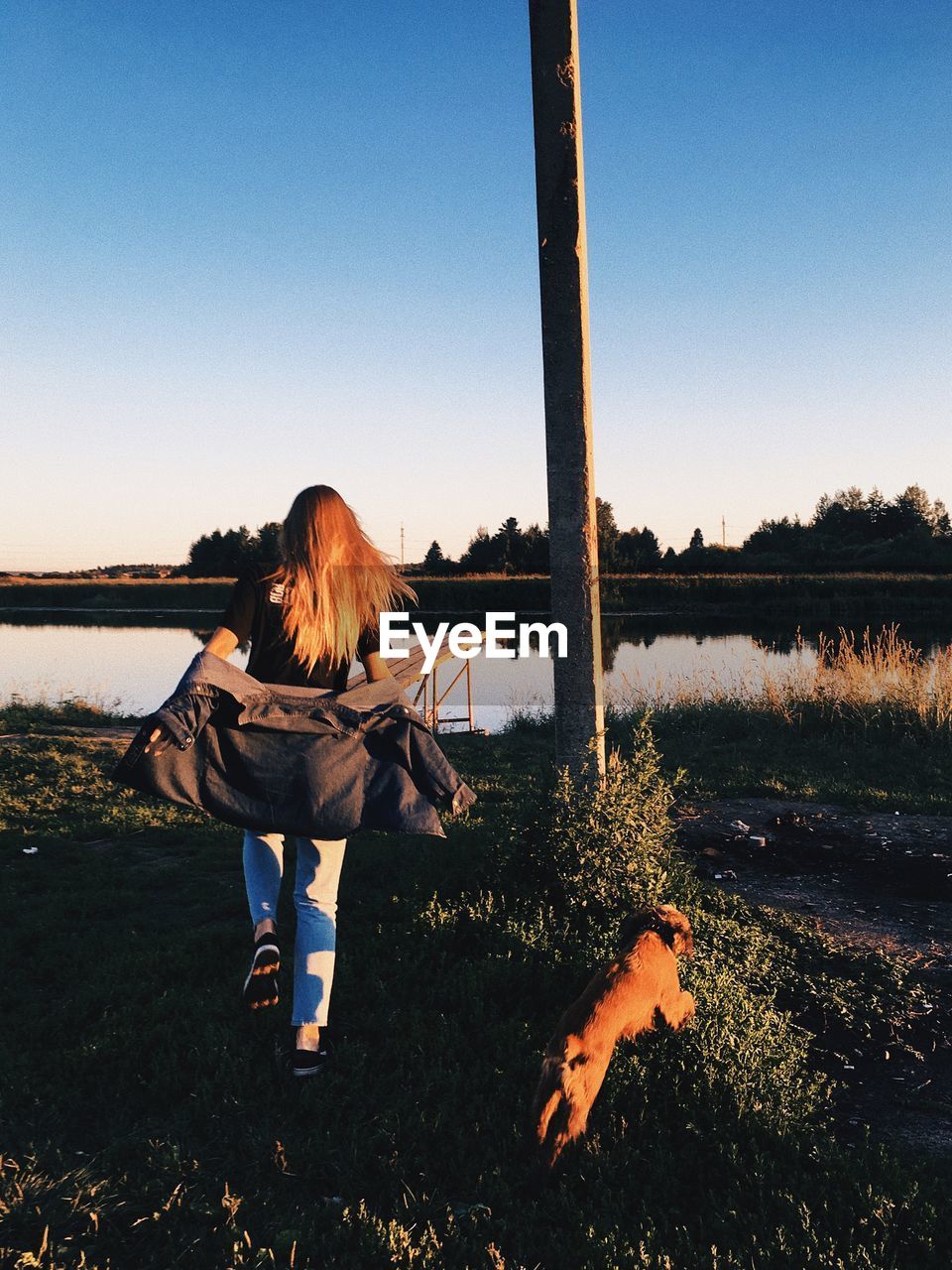 Rear view of woman with dog by lake against sky