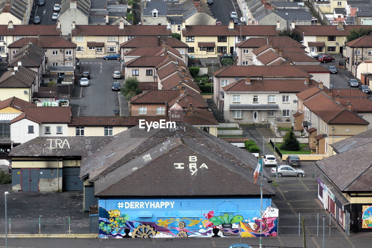 HIGH ANGLE VIEW OF STREET AND BUILDINGS IN TOWN