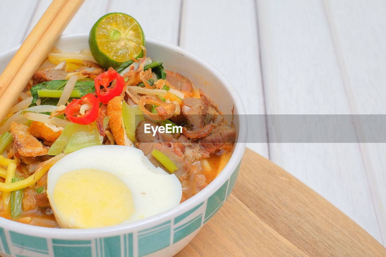 High angle view of food served in bowl