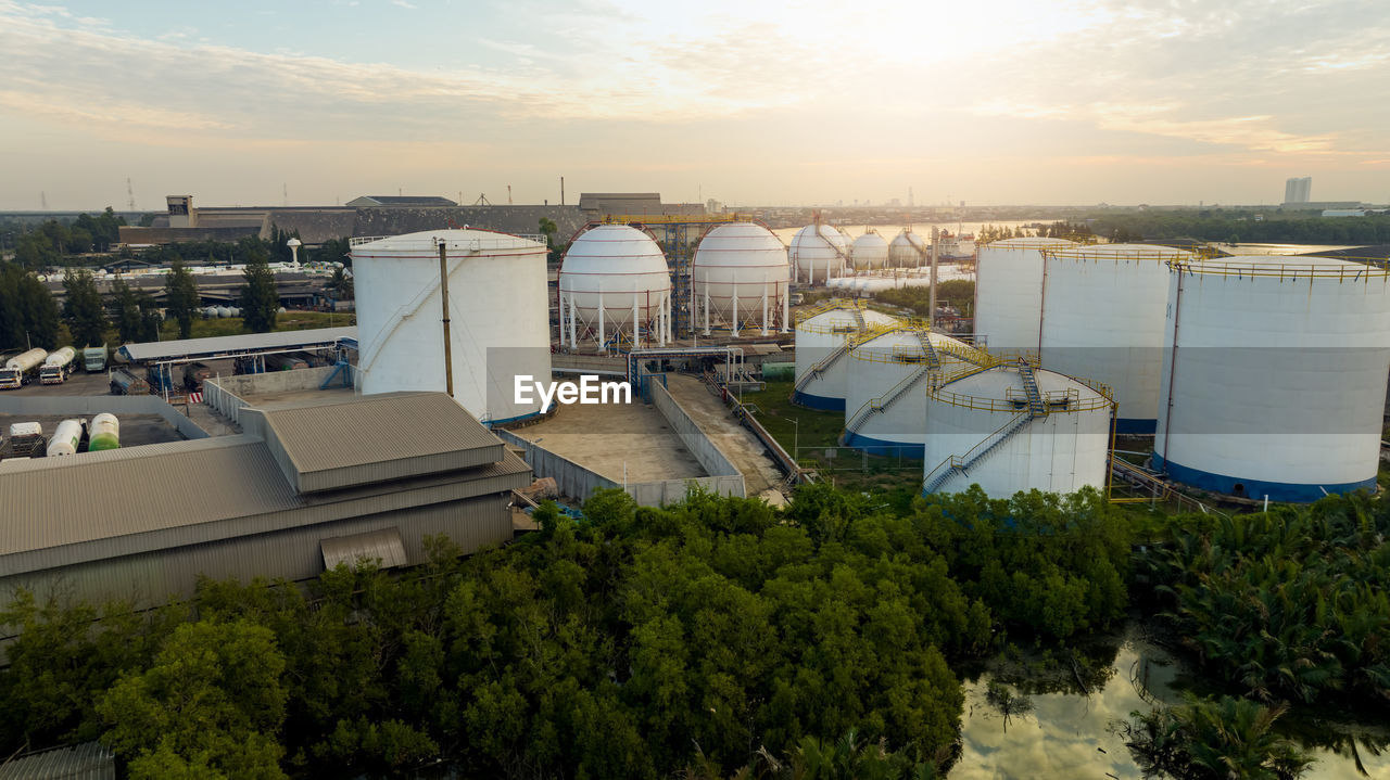 Aerial view of industrial gas storage tank in factory. lng or liquefied natural gas storage tank.