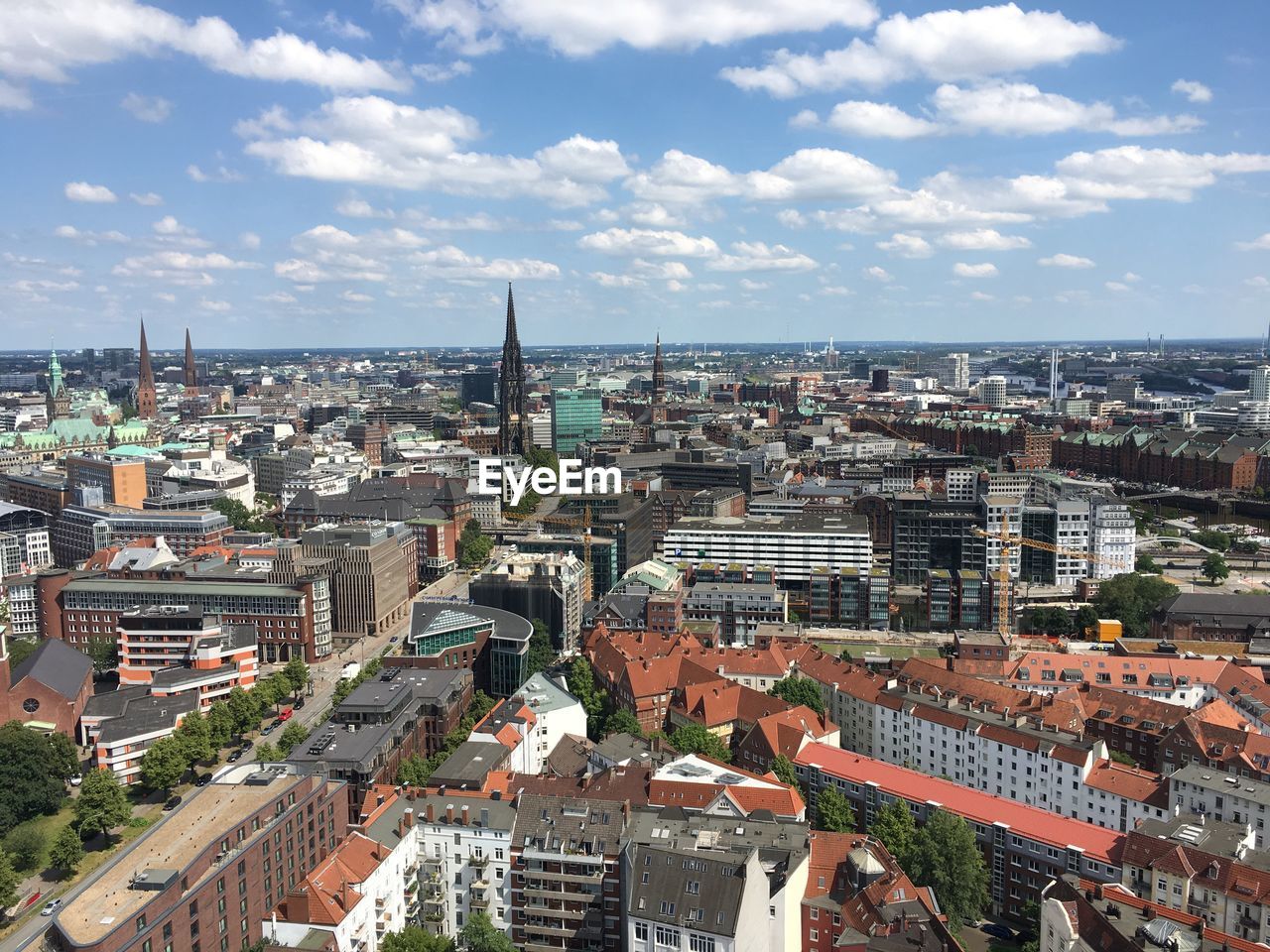 High angle shot of townscape against sky