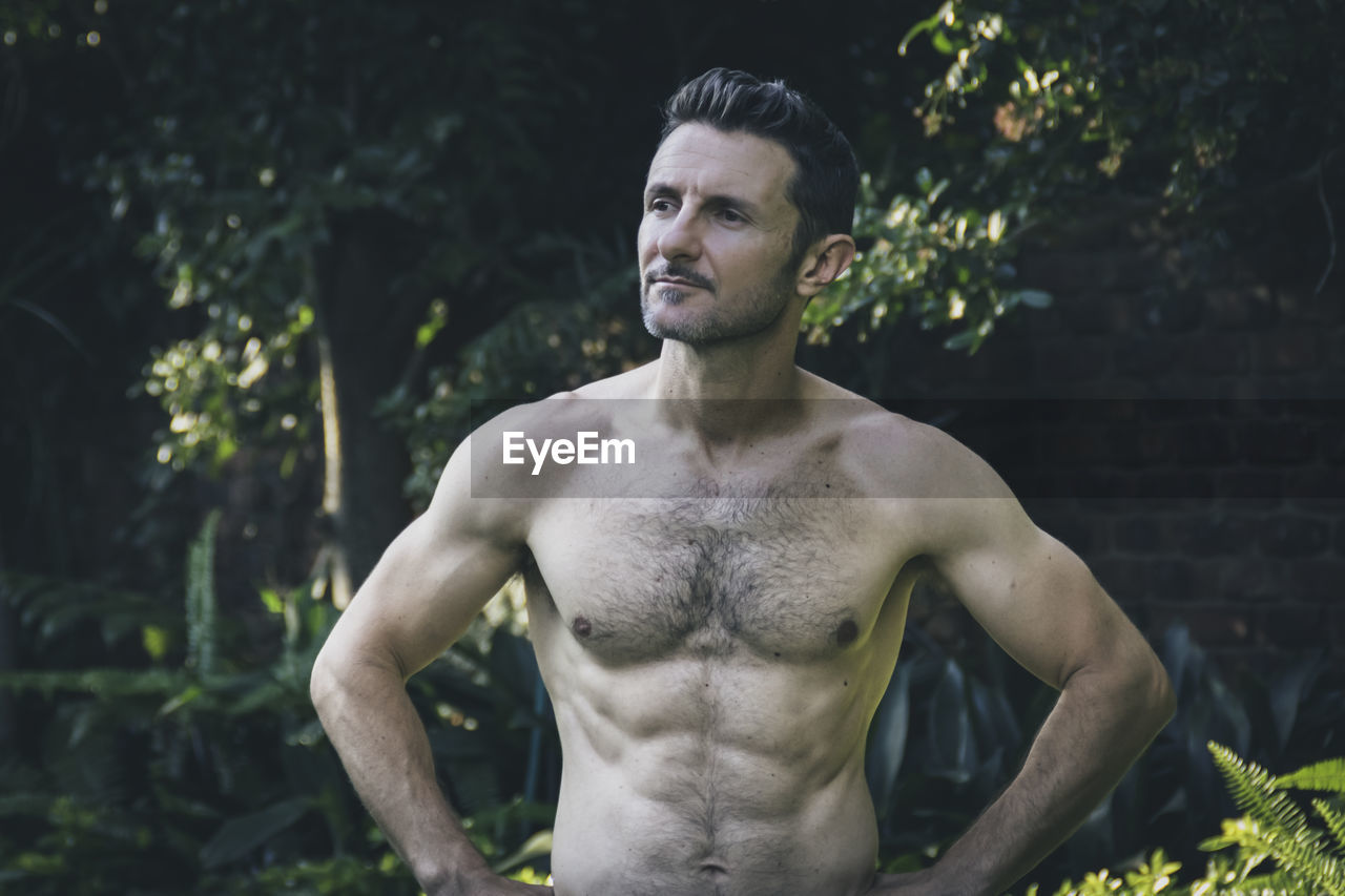 one person, muscular build, adult, barechested, men, lifestyles, strength, exercising, wellbeing, sports, plant, front view, young adult, athlete, portrait, nature, bodybuilder, vitality, sports training, person, day, outdoors, leisure activity, tree, waist up, forest, beard, relaxation, chest hair