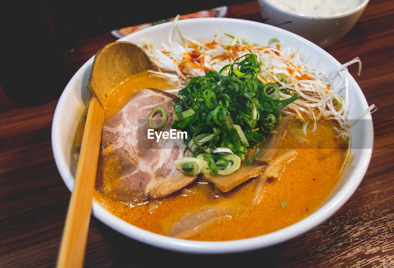 Close-up of noodle soup on table