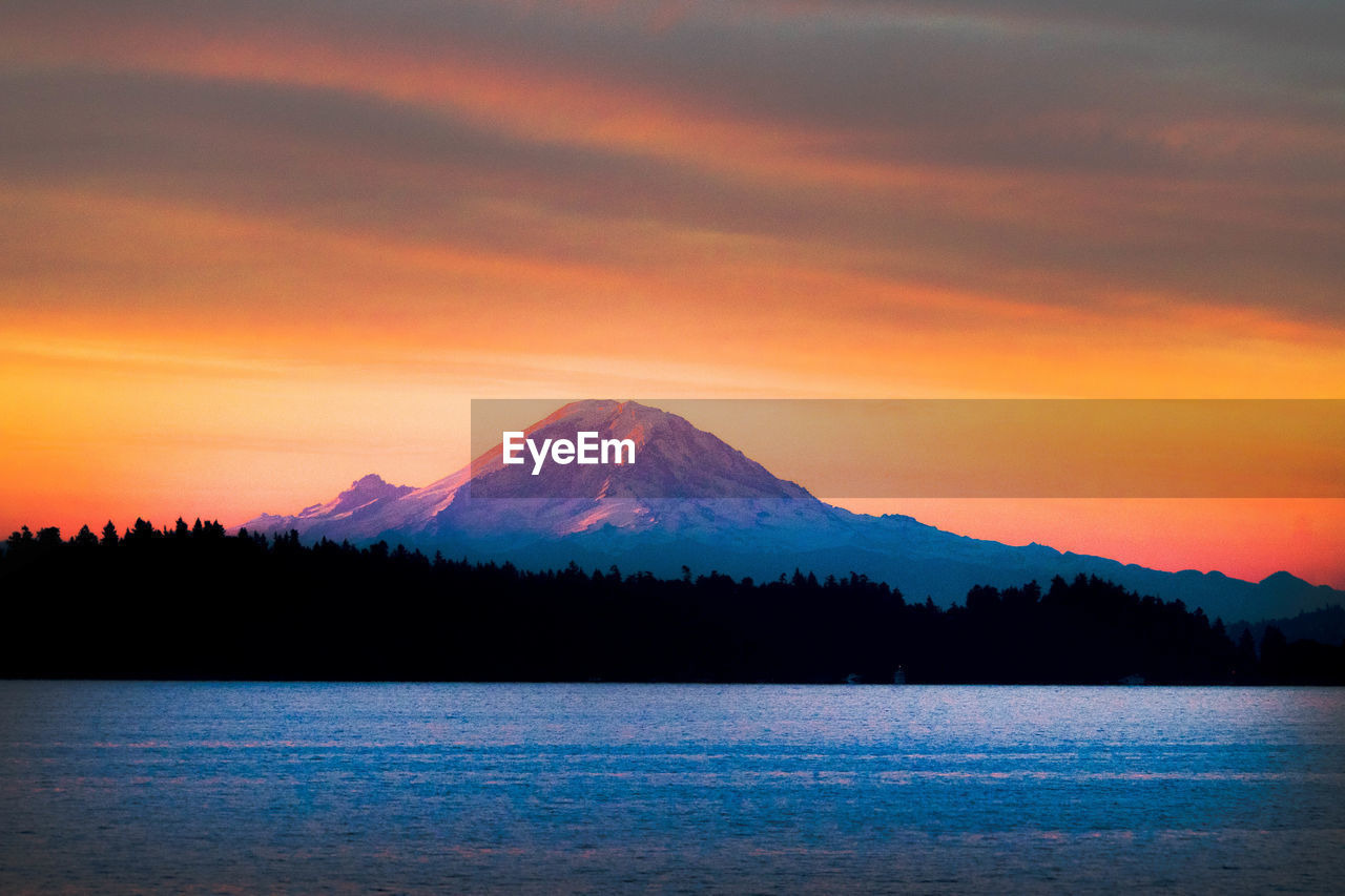 SCENIC VIEW OF LAKE BY SILHOUETTE MOUNTAINS AGAINST SKY