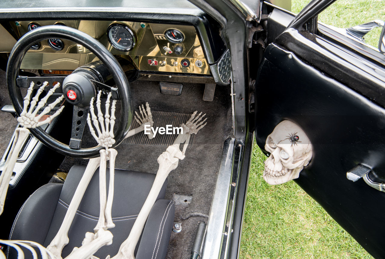 High angle view of human skeleton in car