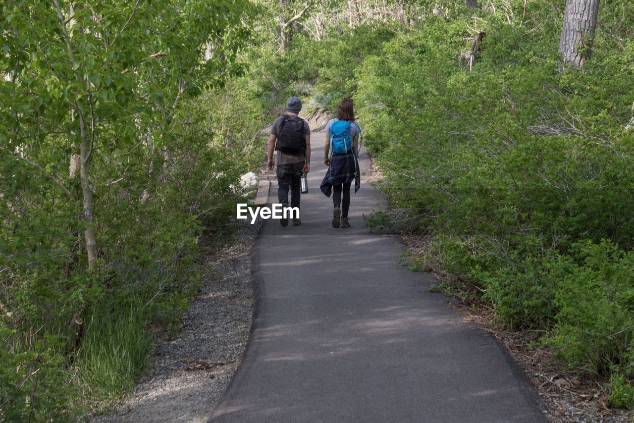 Rear view of man and woman walking on road