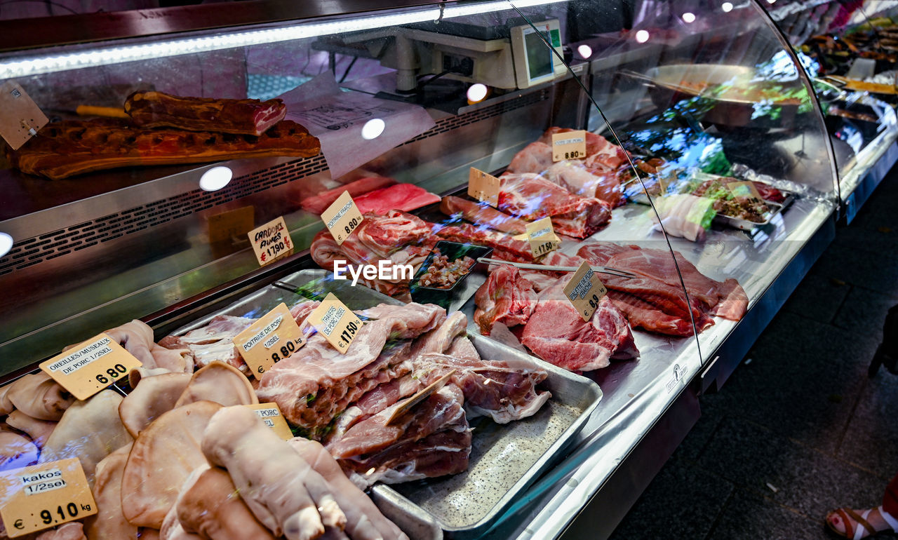 Paris, france. june 30 2022. at the beautiful local market marché popincourt, a meat counter. 