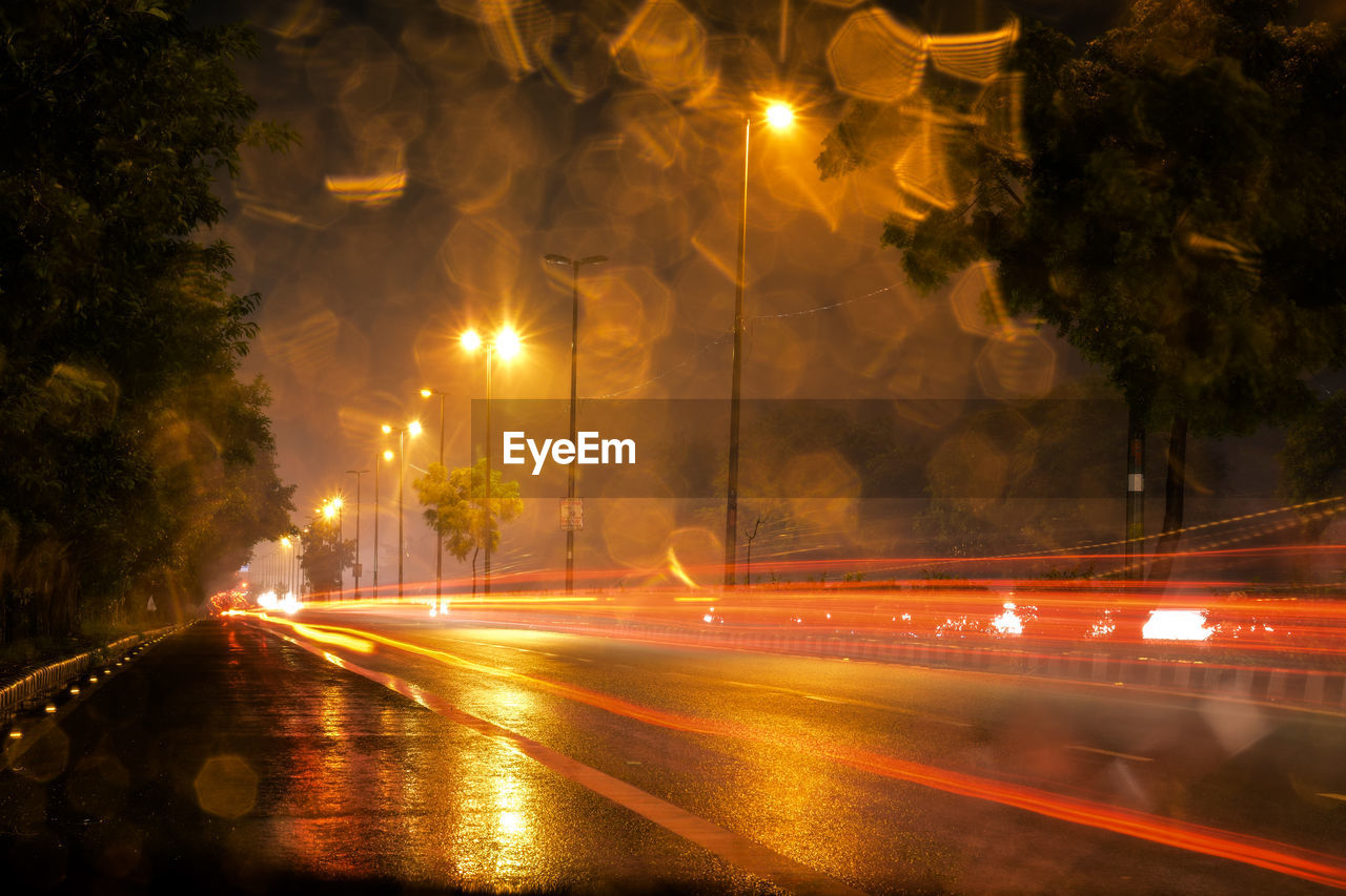 Light trails on street at night