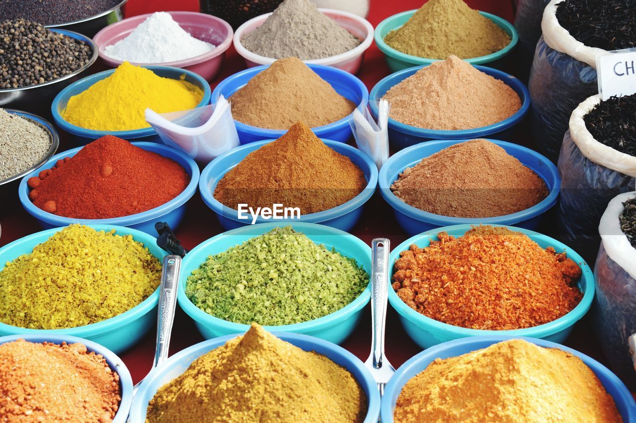 Elevated view of spices on market stall