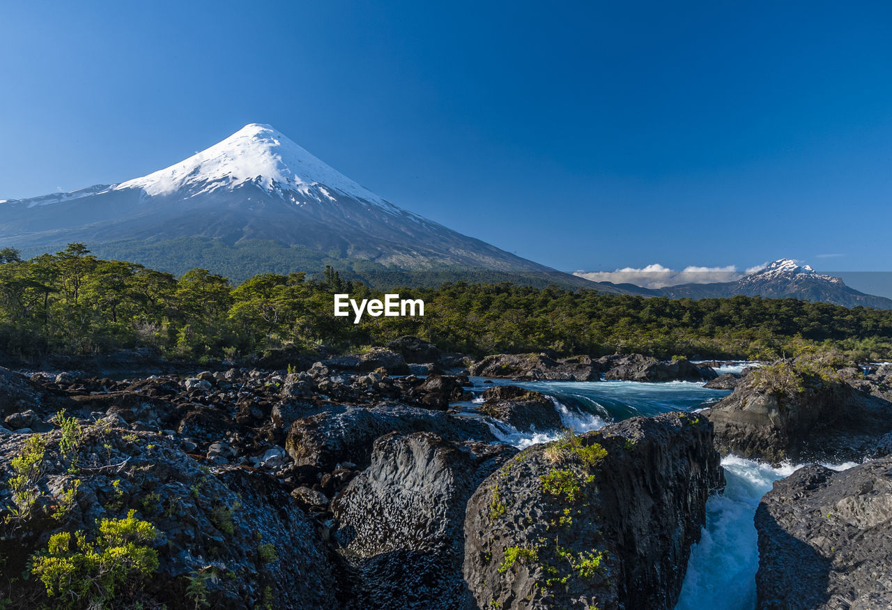 Scenic view of snowcapped mountains against blue sky