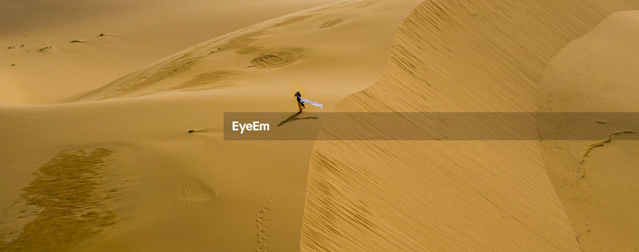 Person on sand dune in desert