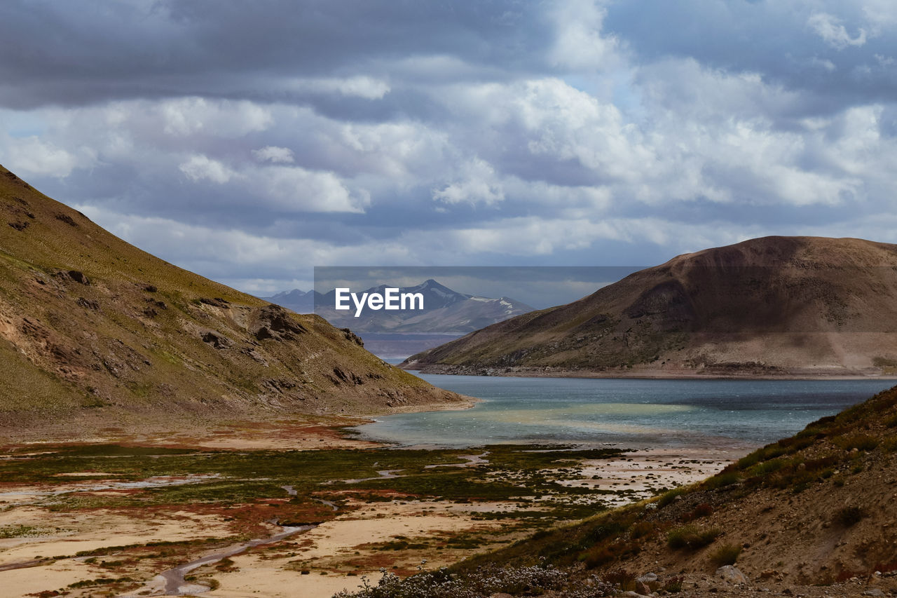 Scenic view of lake and mountains against sky