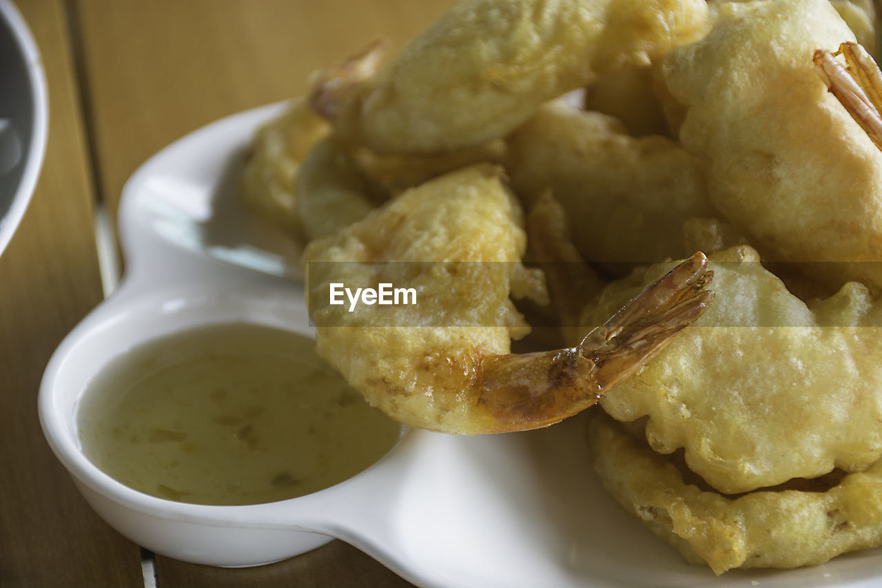 Close-up of fried prawns served in plate