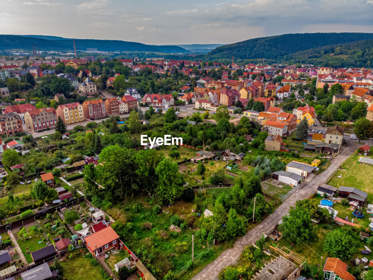 High angle view of townscape against sky