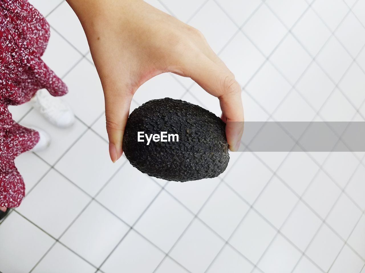 Cropped image of woman holding black avocado