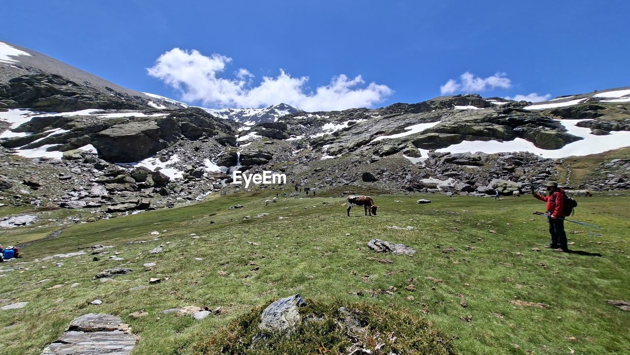 Rear view of people walking on mountain
