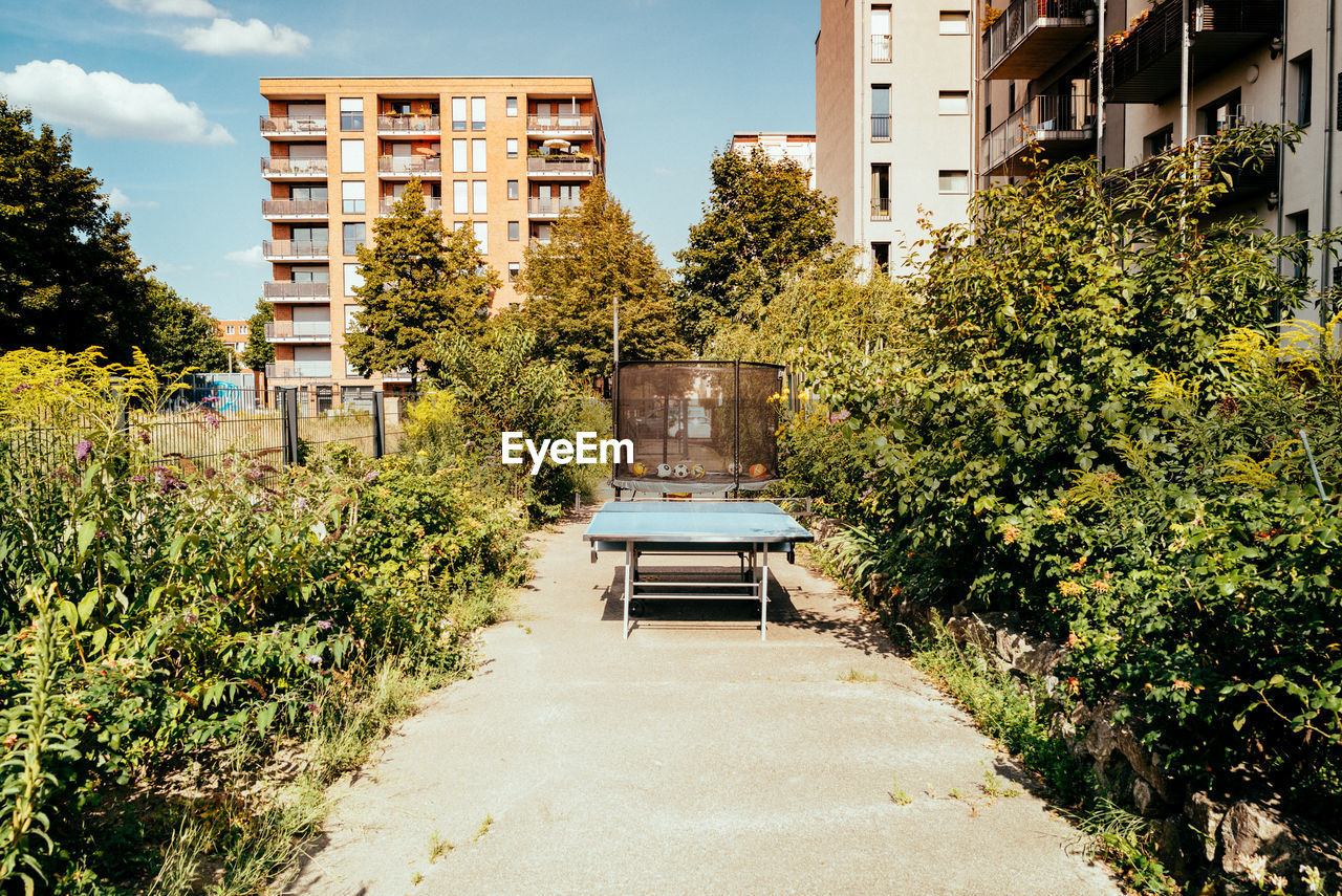 Table tennis table with trampoline amidst plants in city