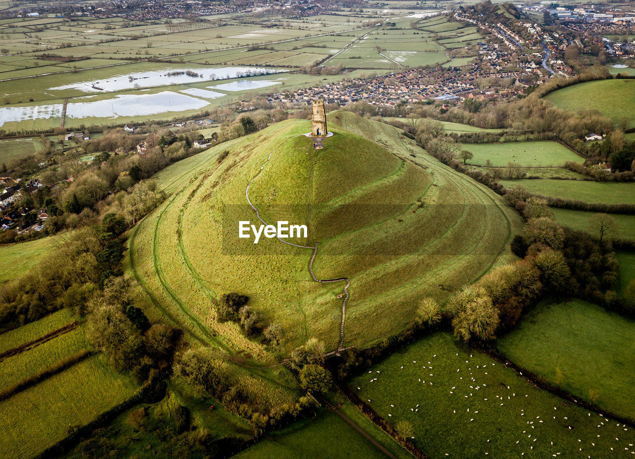 High angle view of glastonbury tor 