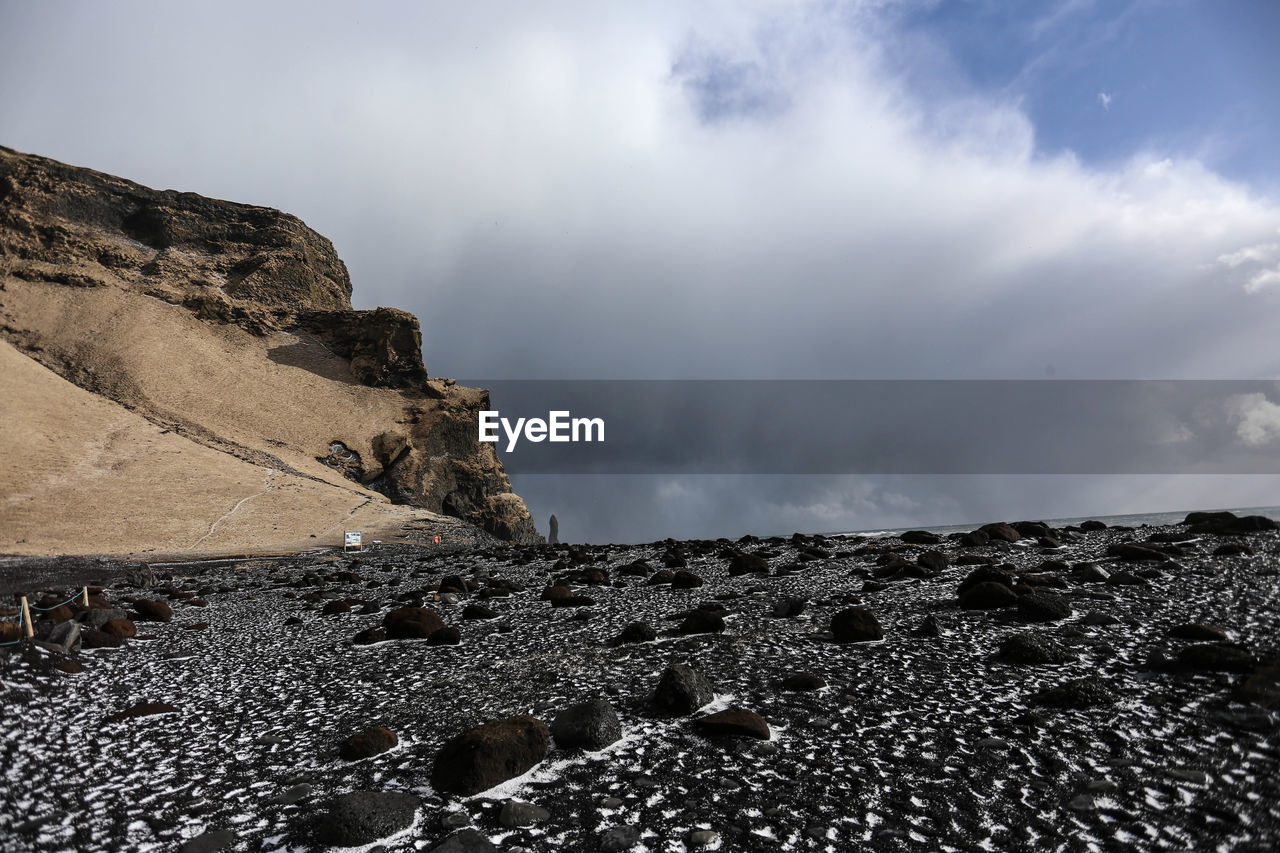 Panoramic of the black sand beach of vik in iceland