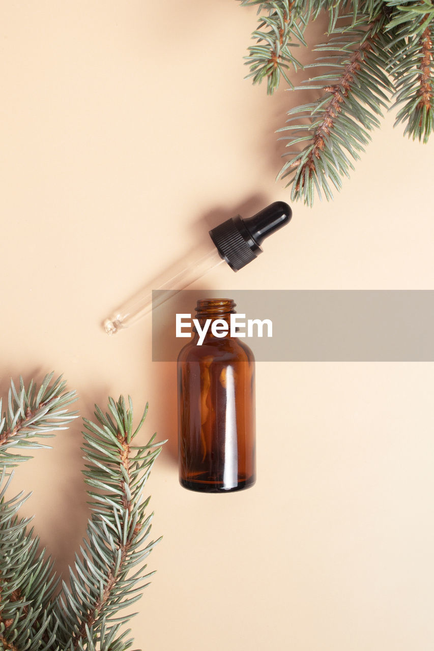 Flat lay of facial oil amber bottle and fir tidewater green branches, cosmetic products on beige