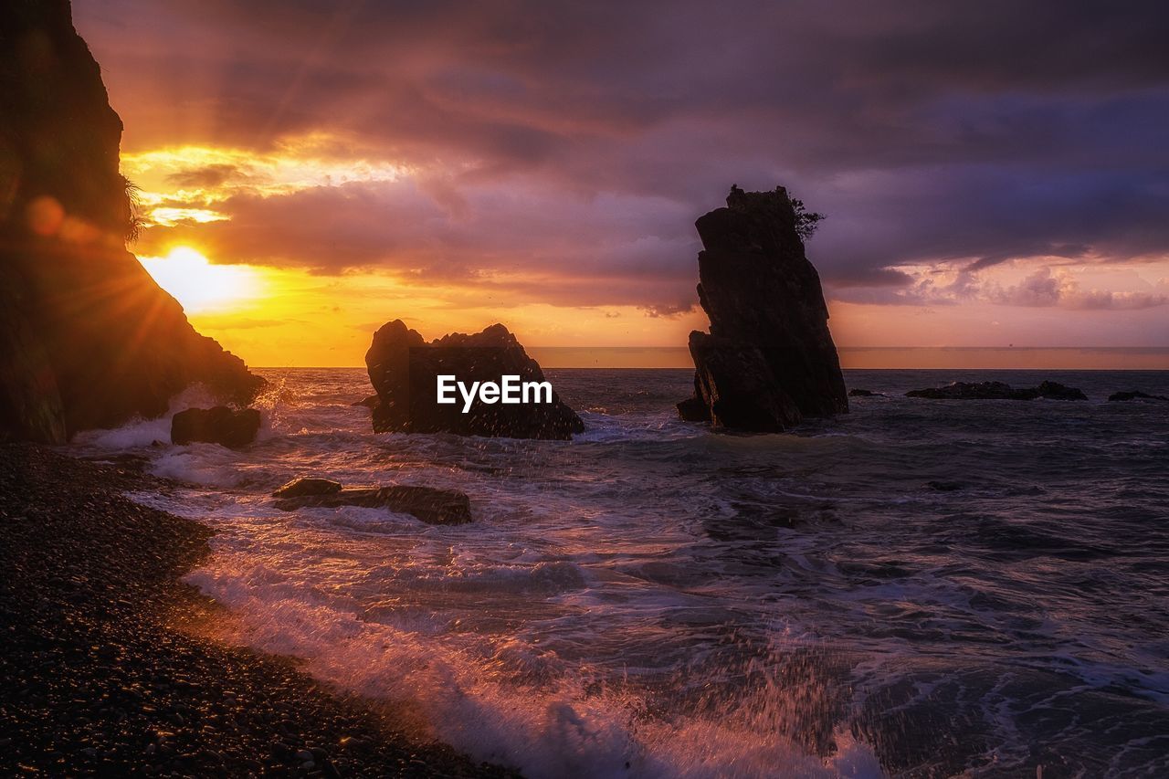 SCENIC VIEW OF BEACH AGAINST SKY DURING SUNSET