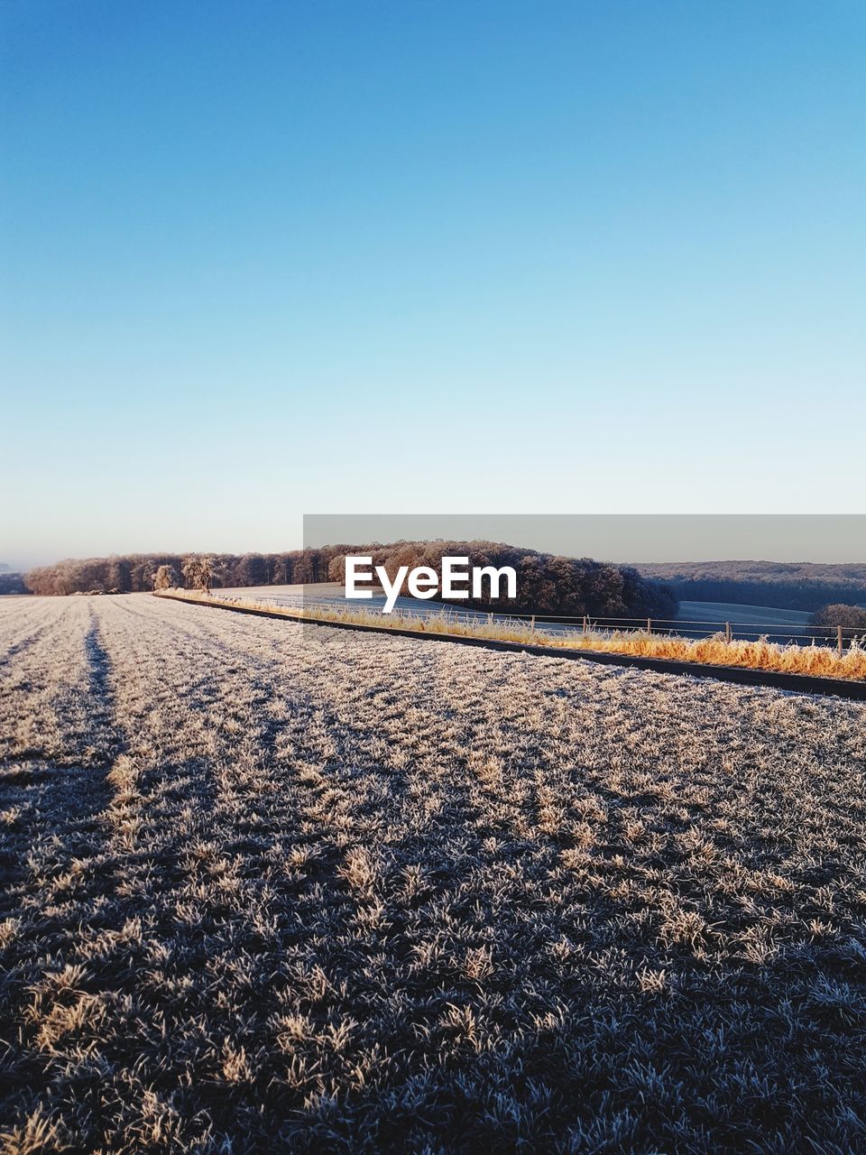 SCENIC VIEW OF SNOW FIELD AGAINST CLEAR BLUE SKY