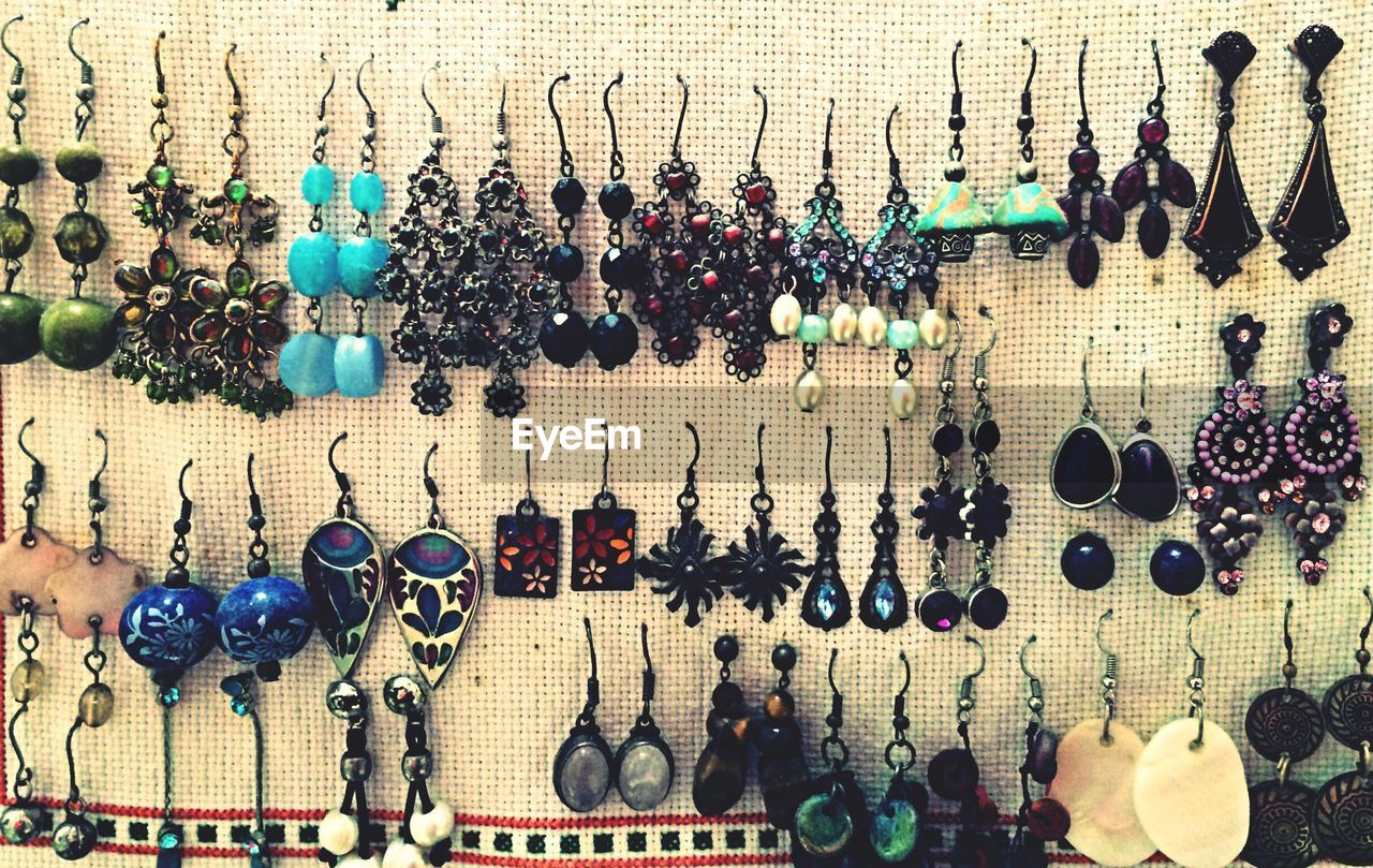 Colorful earrings on display