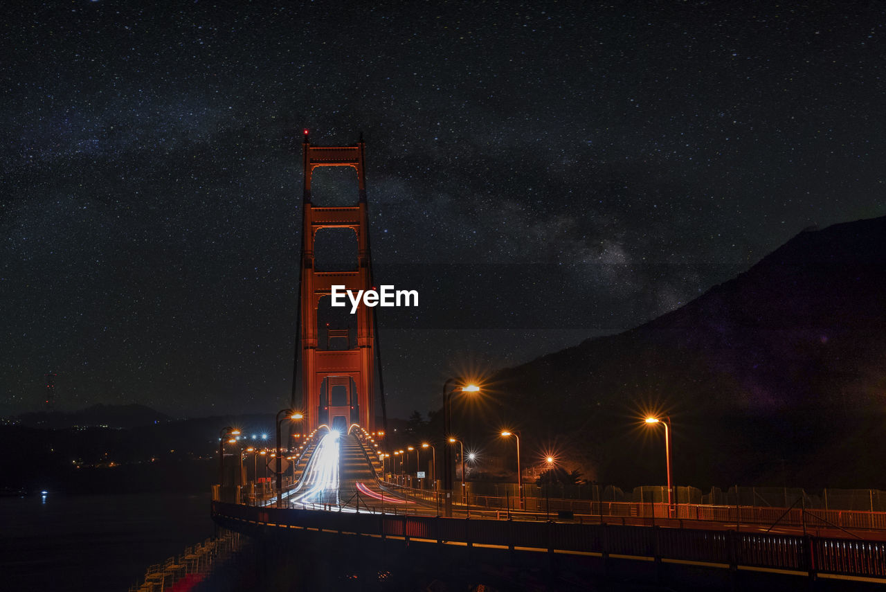 Illuminated light trails on golden gate bridge at san francisco at night