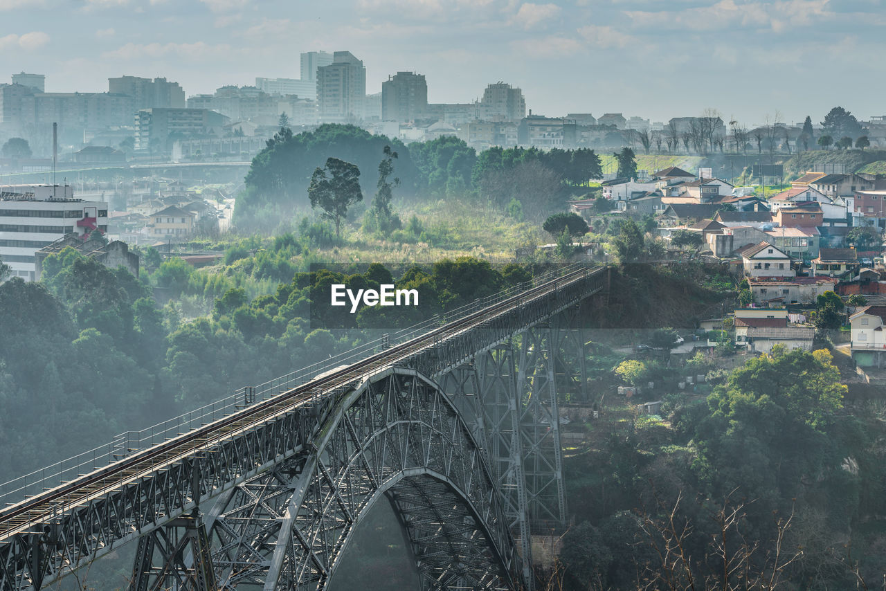 HIGH ANGLE VIEW OF ARCH BRIDGE OVER BUILDINGS IN CITY